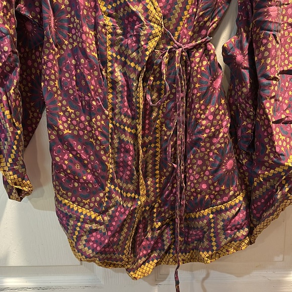 LaRok 100% Silk Purple Bohemian Printed Wrap Kimono Mini Dress XS/S Festival - Picture 5 of 6